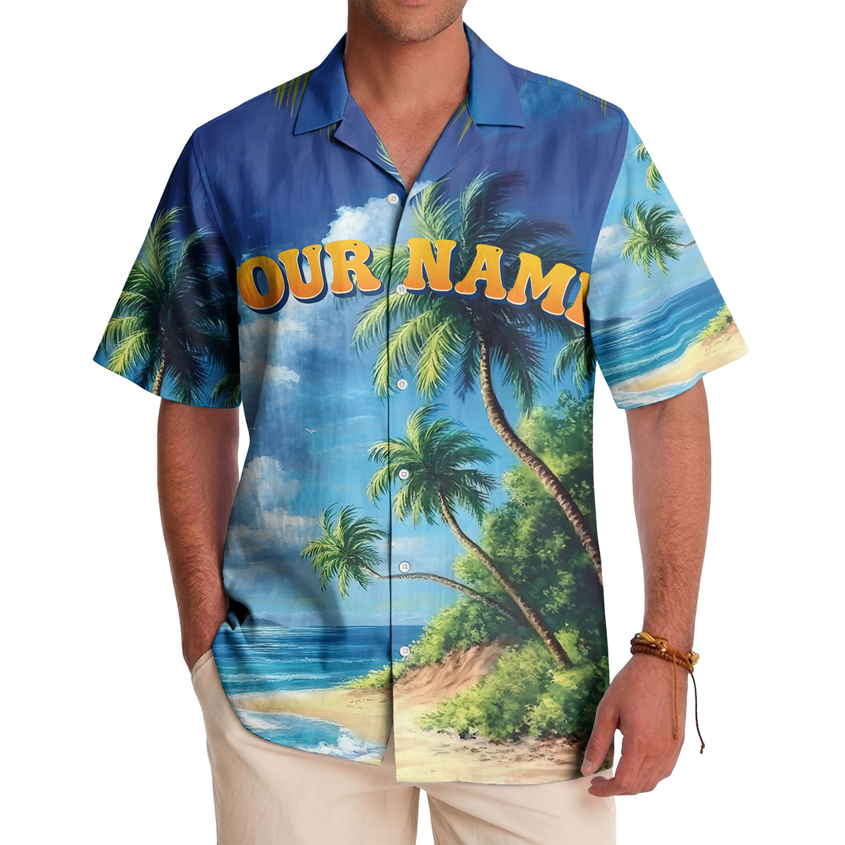 palm trees over ocean waves photorealistic hawaiian shirt