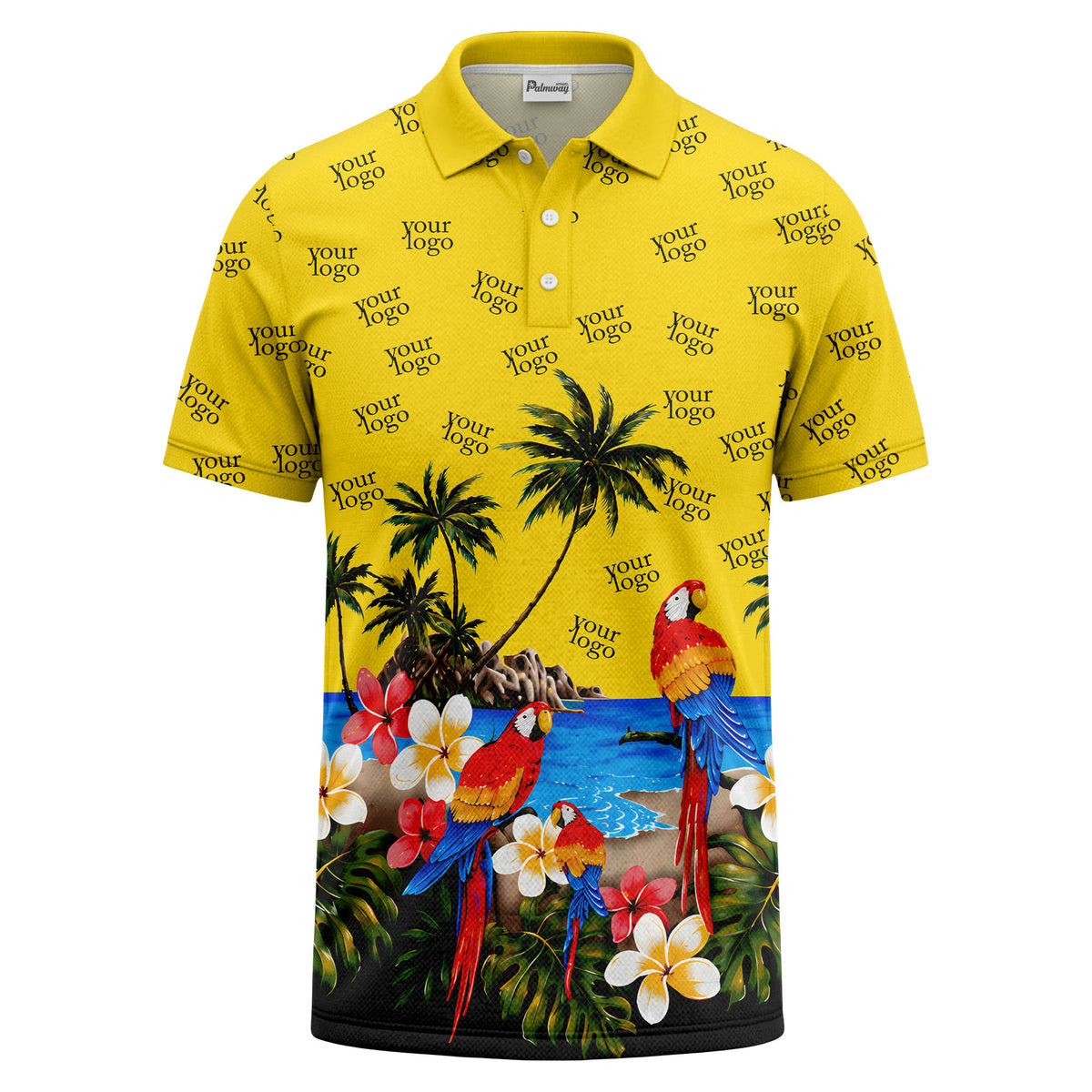 parrot palm plumeria beach watercolor polo shirt