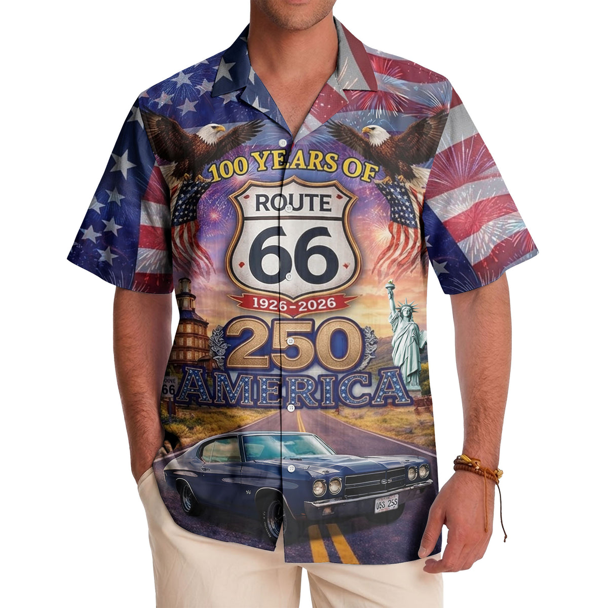 Route 66 USA Patriotic Eagle Firework Classic Car Aloha Button Down Shirt Hawaiian Shirt