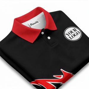 rugby ball bursting through flames black red graphic polo shirt for men