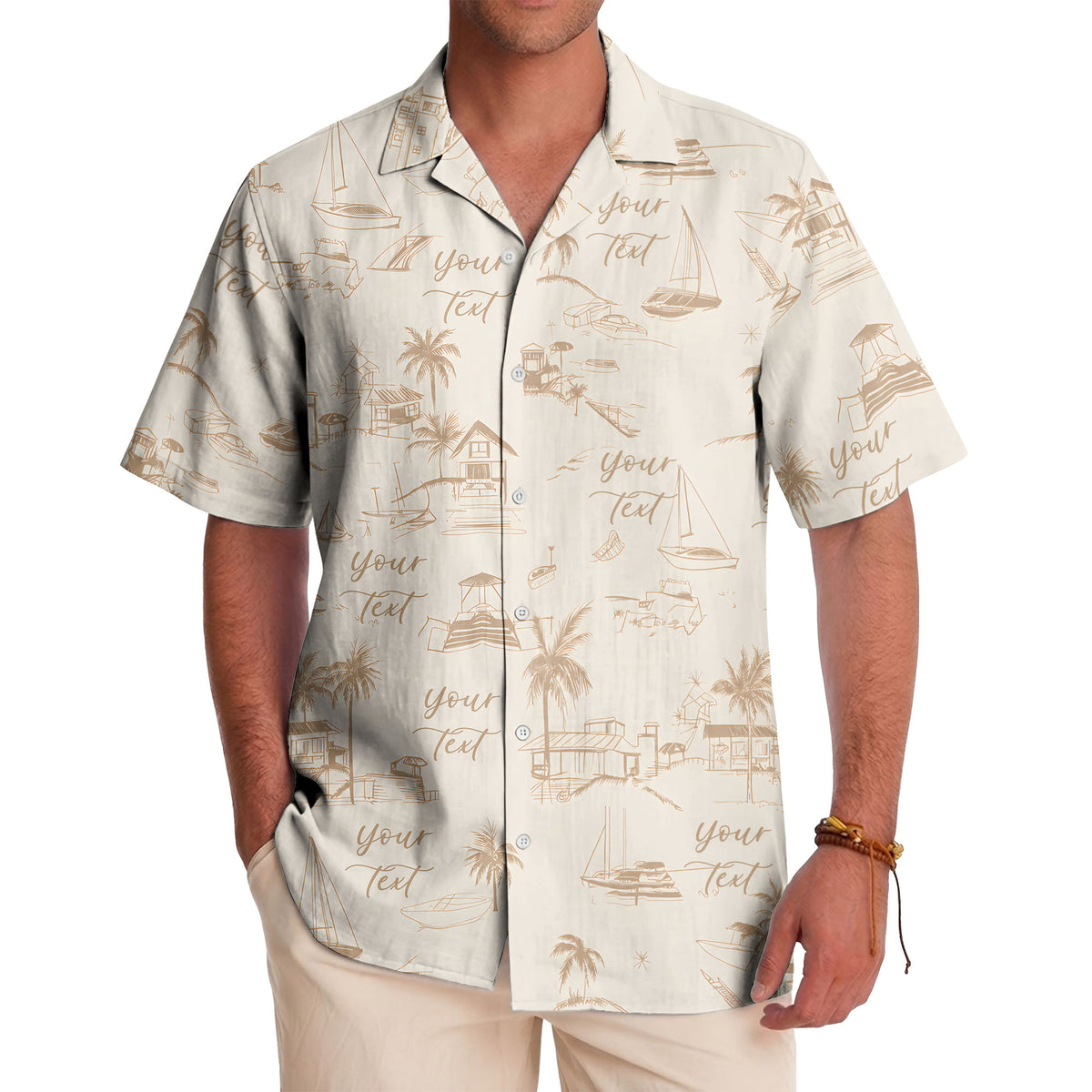 sketch illustrated palm trees & sailboats beach houses hawaiian shirt