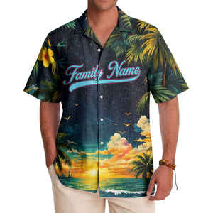 starry night sunset palm trees & hibiscus hawaiian shirt