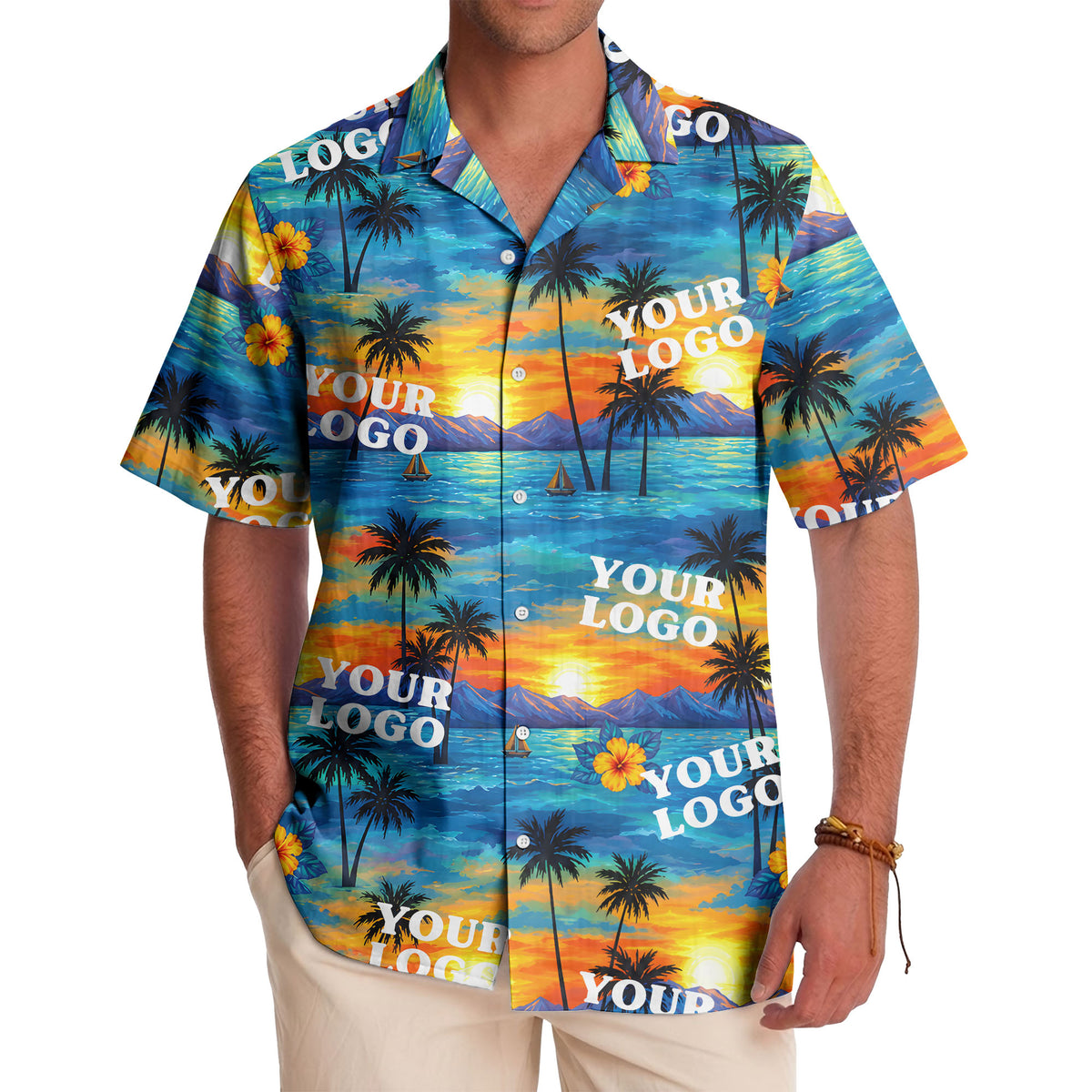 sunset palm trees hibiscus sailboats watercolor hawaiian shirt for men