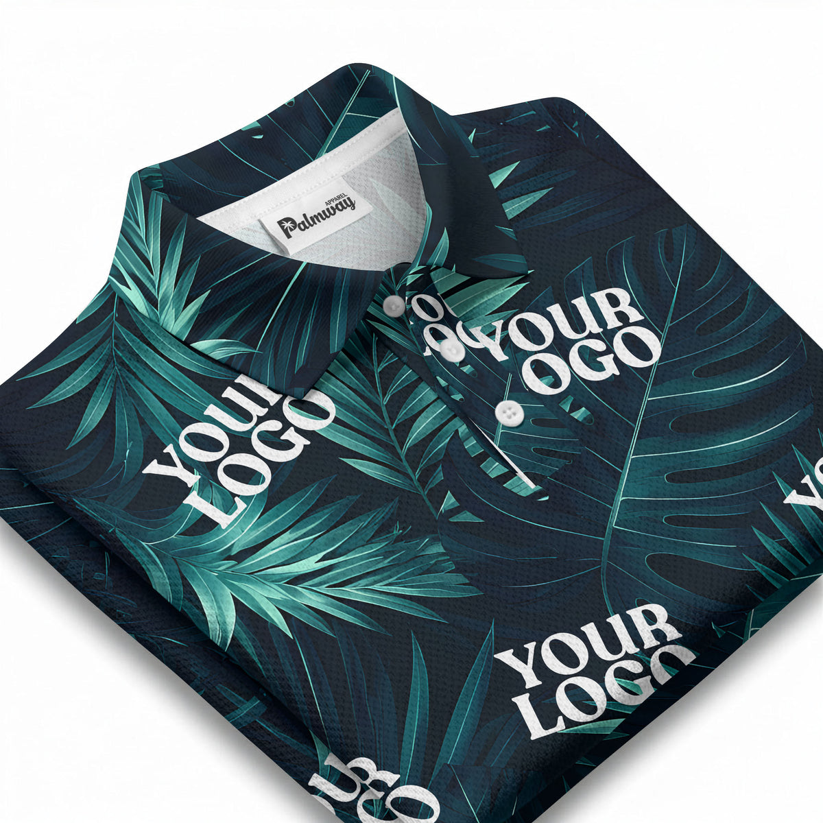 teal palm leaves & custom logo repeat pattern polo shirt