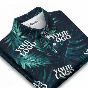 teal palm leaves & custom logo repeat pattern polo shirt