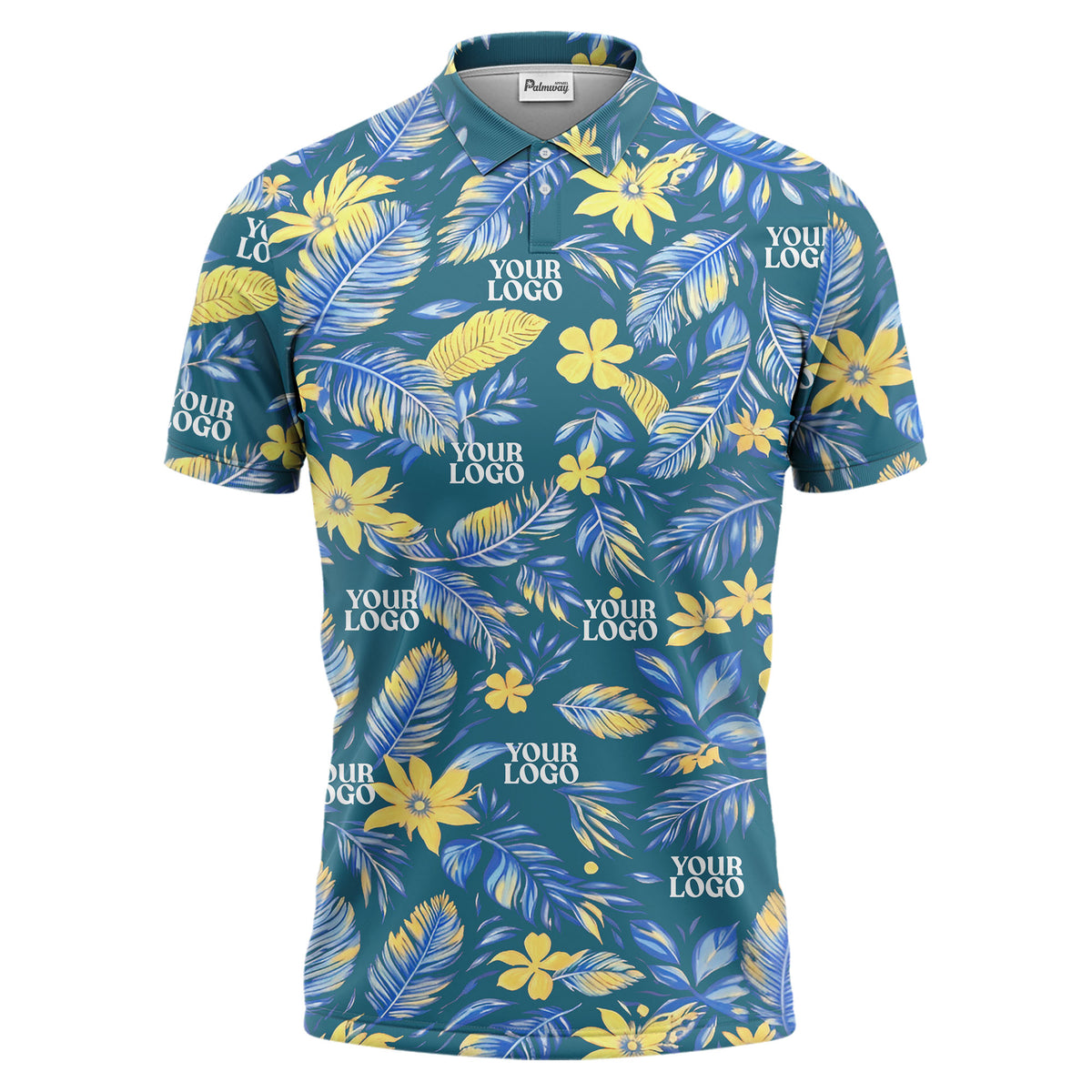 tropical floral hawaiian paradise flowers leaves plants black yellow blue green illustrated polo shi polo shirt