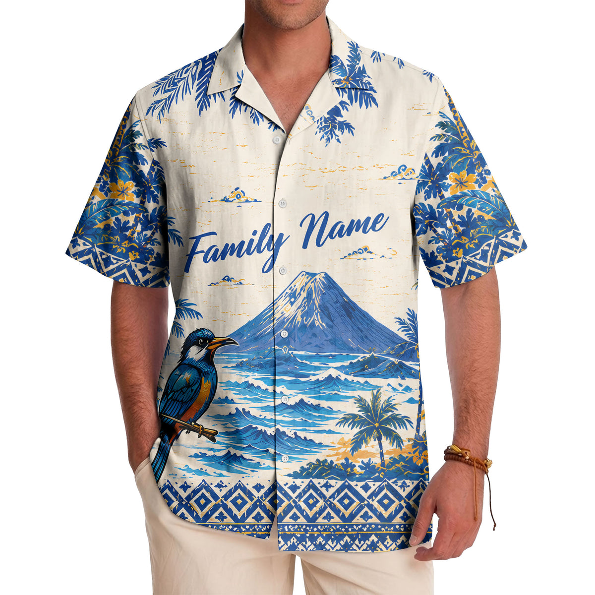 watercolor blue bird soaring over palm trees mountain scene hawaiian shirt