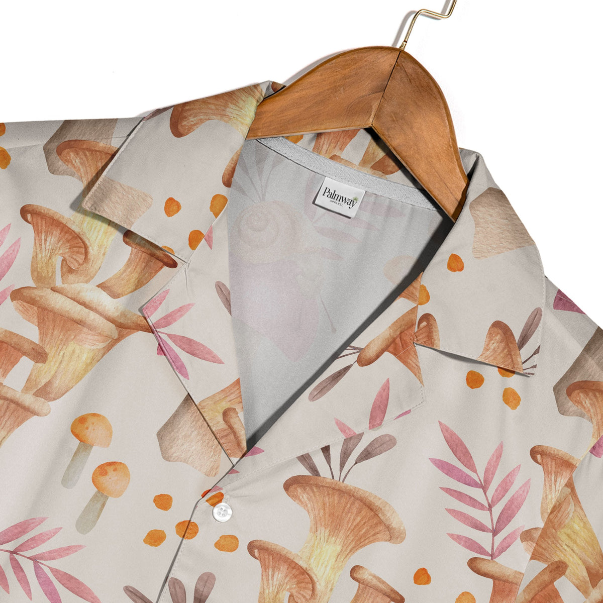 Watercolor Chanterelle Mushroom Hawaiian Shirt with Snails and Pink Leaves