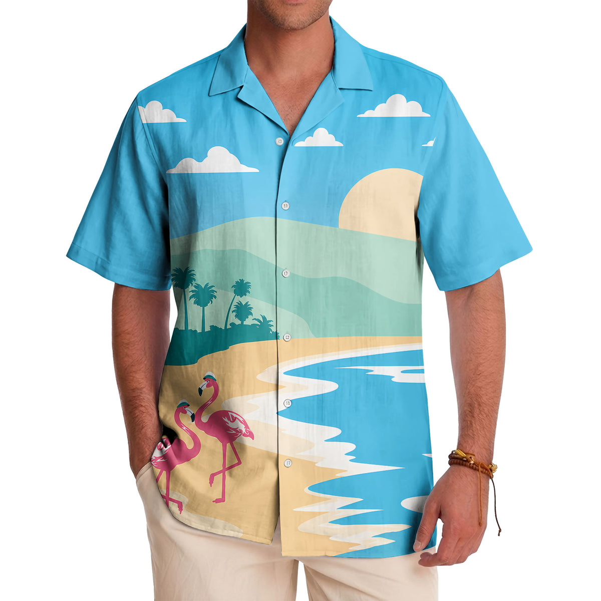 watercolor flamingos at palm sunset hawaiian shirt for beach days