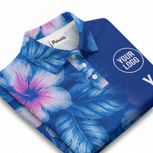 watercolor hibiscus & palm leaves tropical polo shirt for men