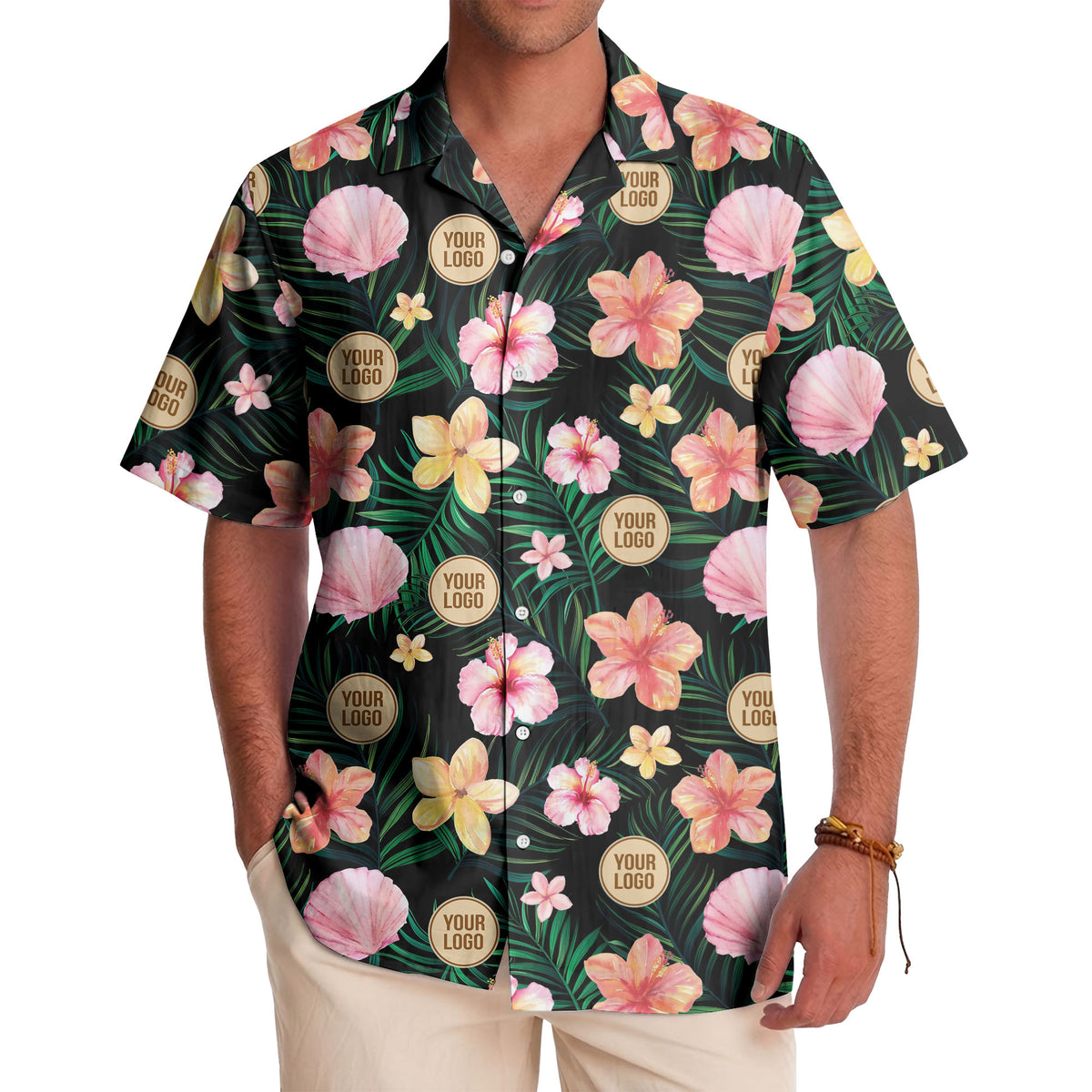 watercolor hibiscus plumeria custom logo black hawaiian shirt