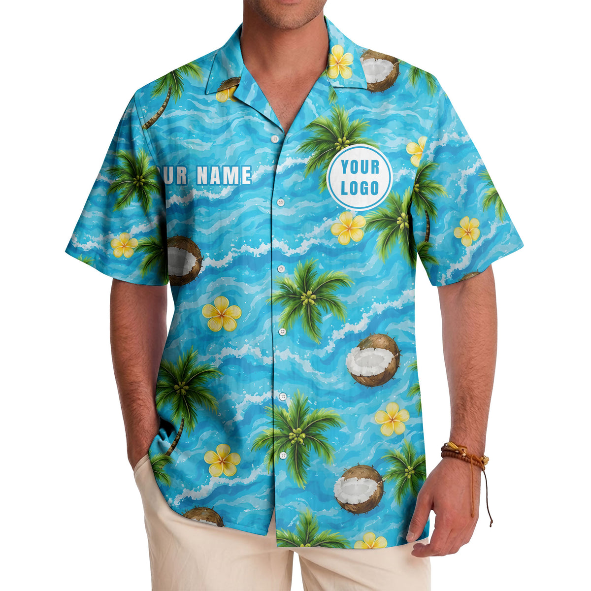 watercolor palm trees coconuts ocean waves hawaiian shirt for men