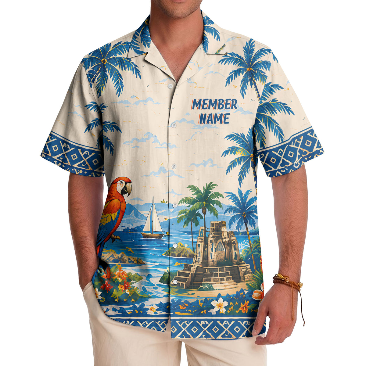 watercolor parrot sailboat castle ruins hawaiian shirt