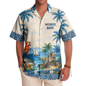 watercolor parrot sailboat castle ruins hawaiian shirt