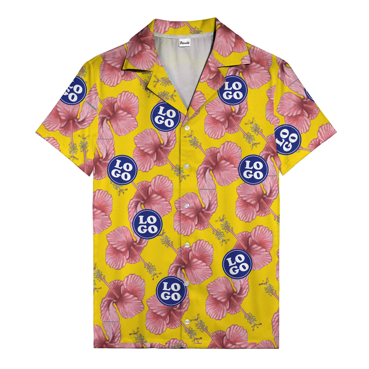 watercolor pink hibiscus & blue logo repeat aloha hawaiian shirt