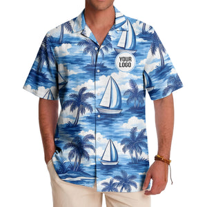 watercolor sailboats drifting through palm tree islands hawaiian shirt for men
