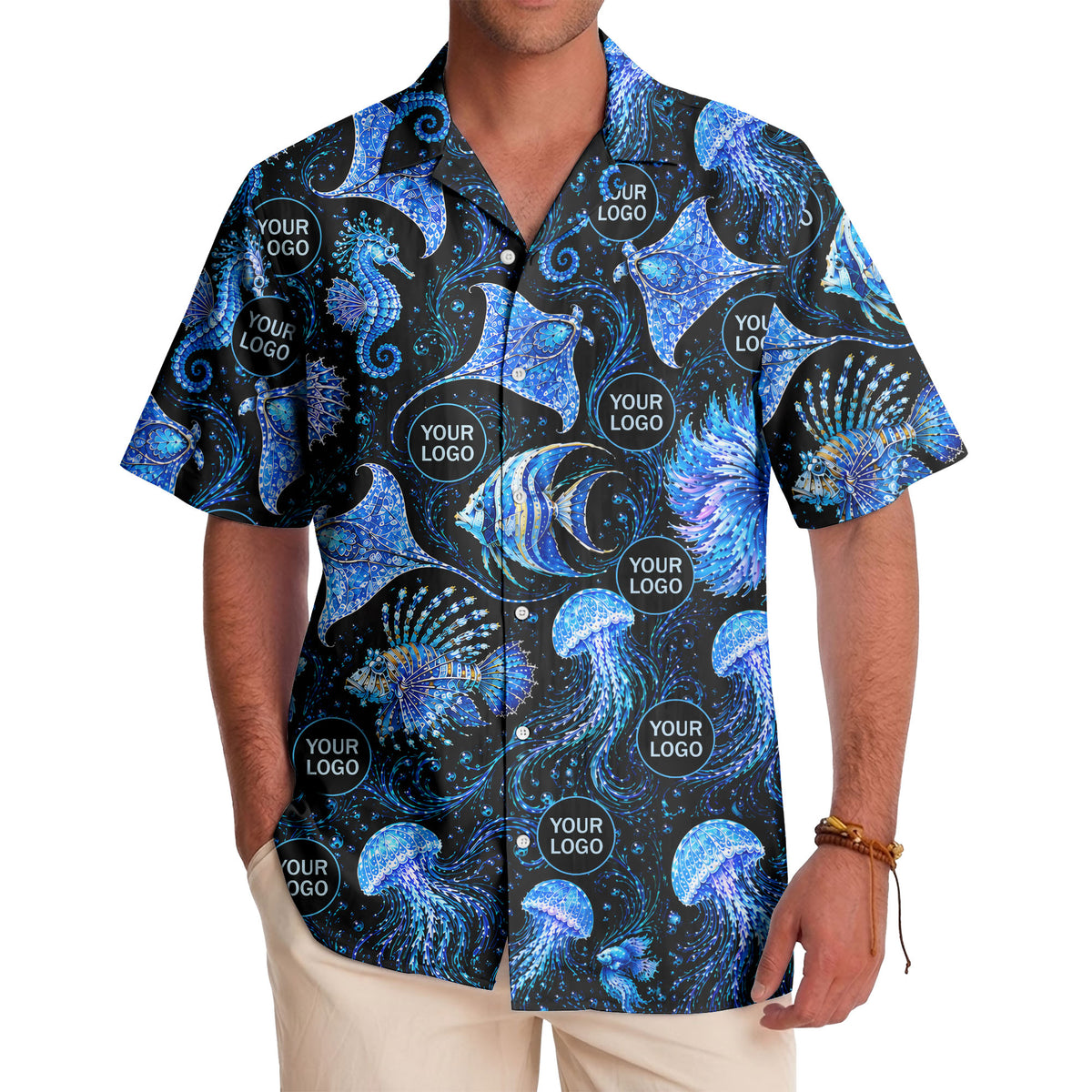 watercolor seahorses jellyfish navy blue hawaiian shirt
