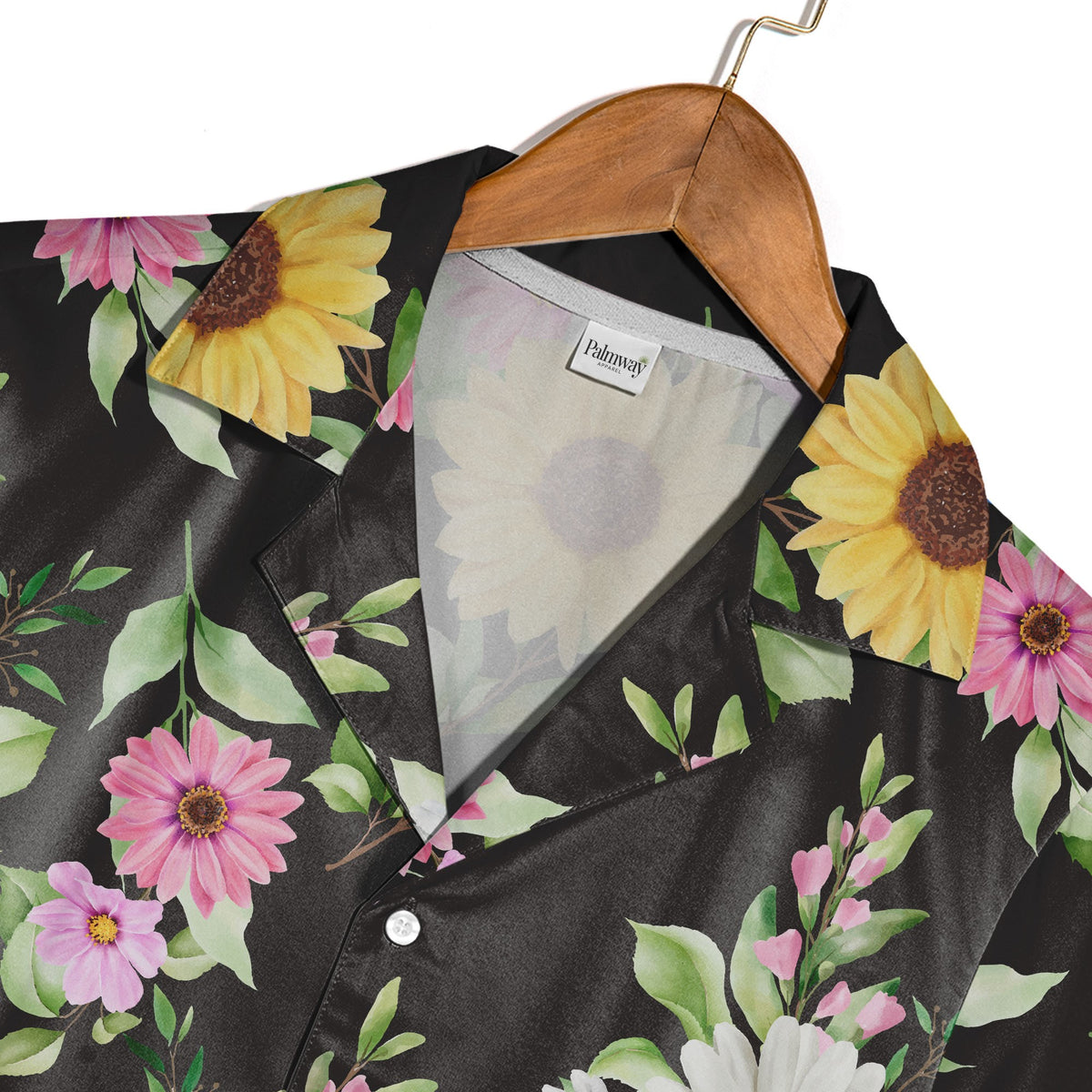 Watercolor Sunflower and Daisy Hawaiian Shirt with Lavender Accents on Black