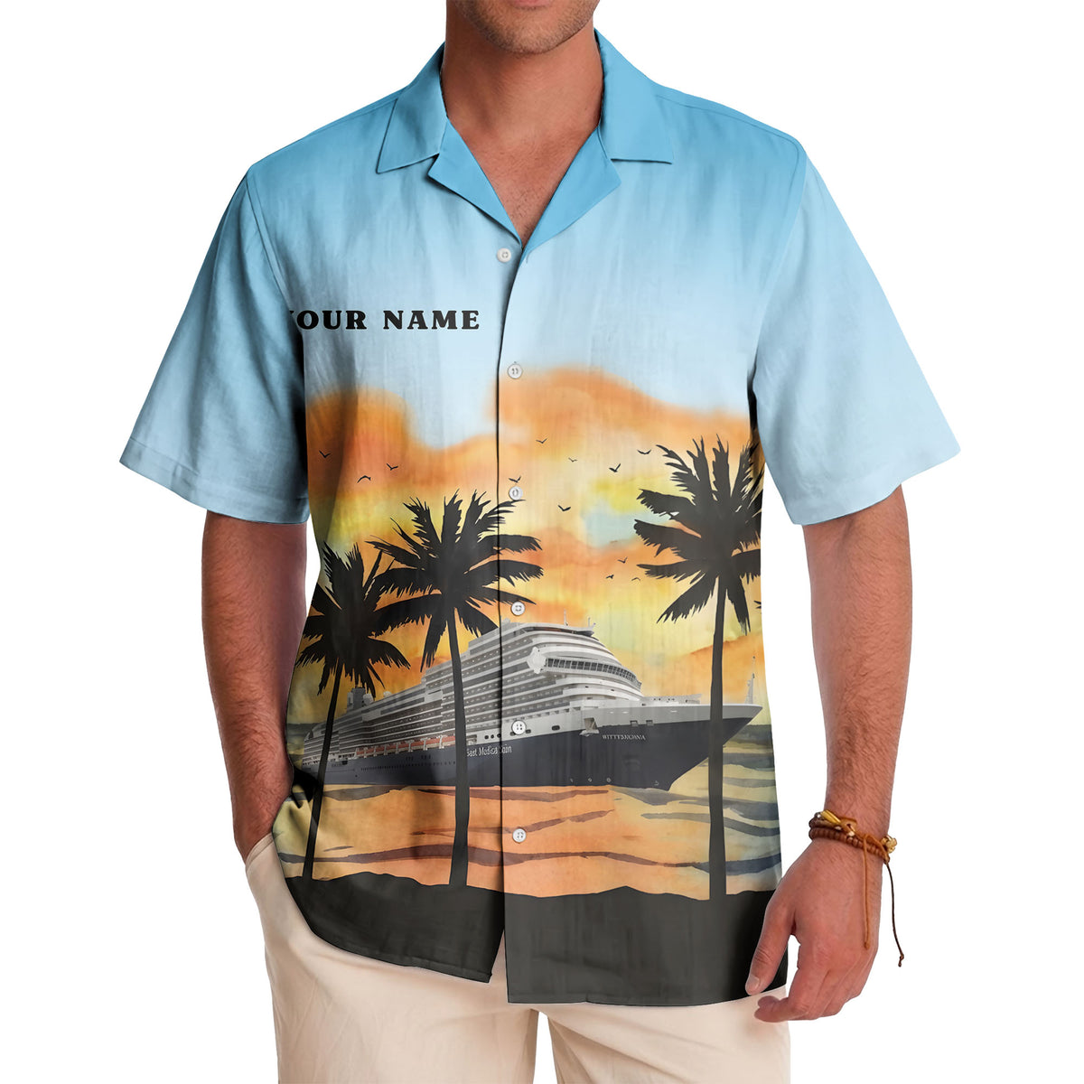 watercolor sunset cruise ship palm trees hawaiian shirt for men