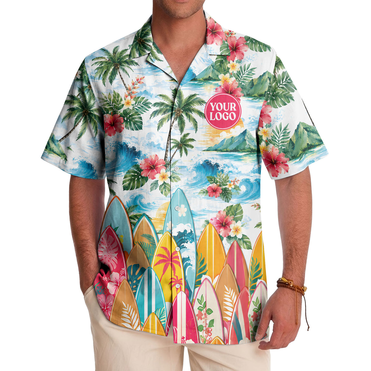 watercolor surfboards palm trees hibiscus hawaiian shirt for men