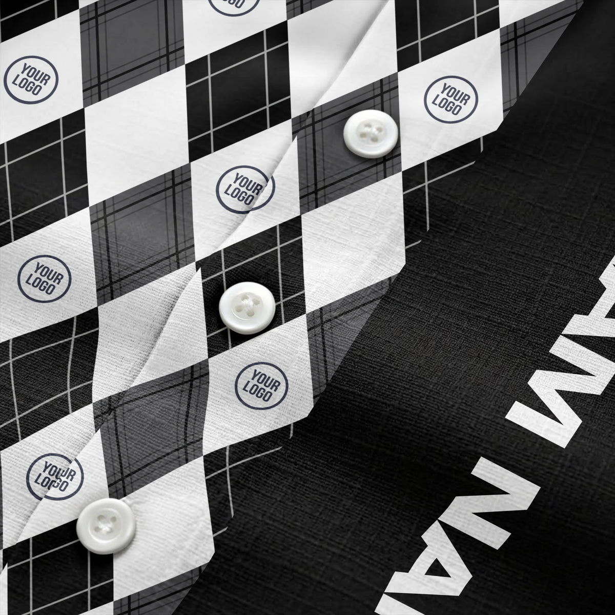 argyle diamond repeat black white custom logo team name hawaiian shirt