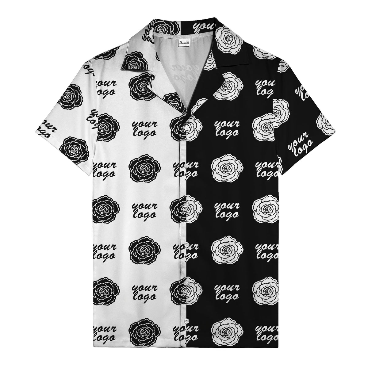 black white rose & custom logo repeat graphic hawaiian shirt