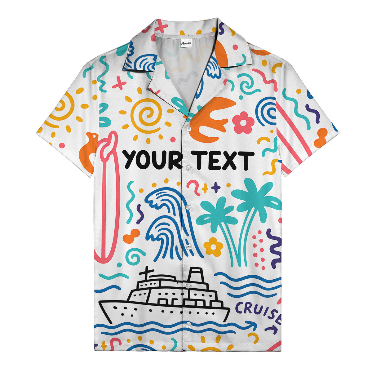 cartoon cruise ship palm trees surfboards wave hawaiian shirt
