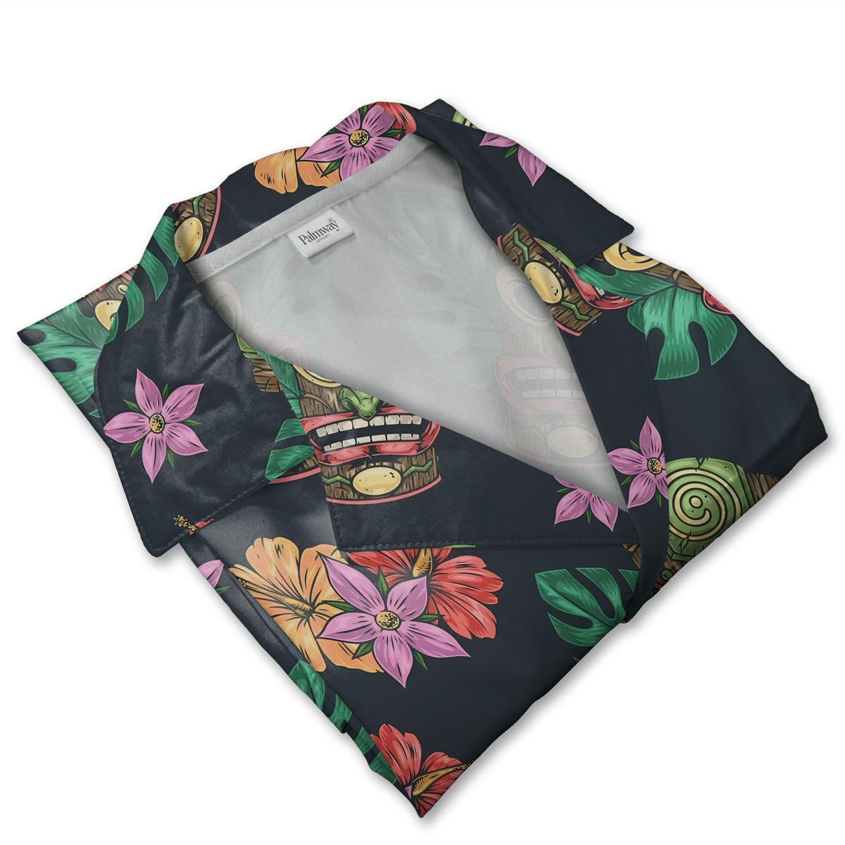 Colorful Tiki Mask Hawaiian Shirt with Hibiscus on Charcoal Grey