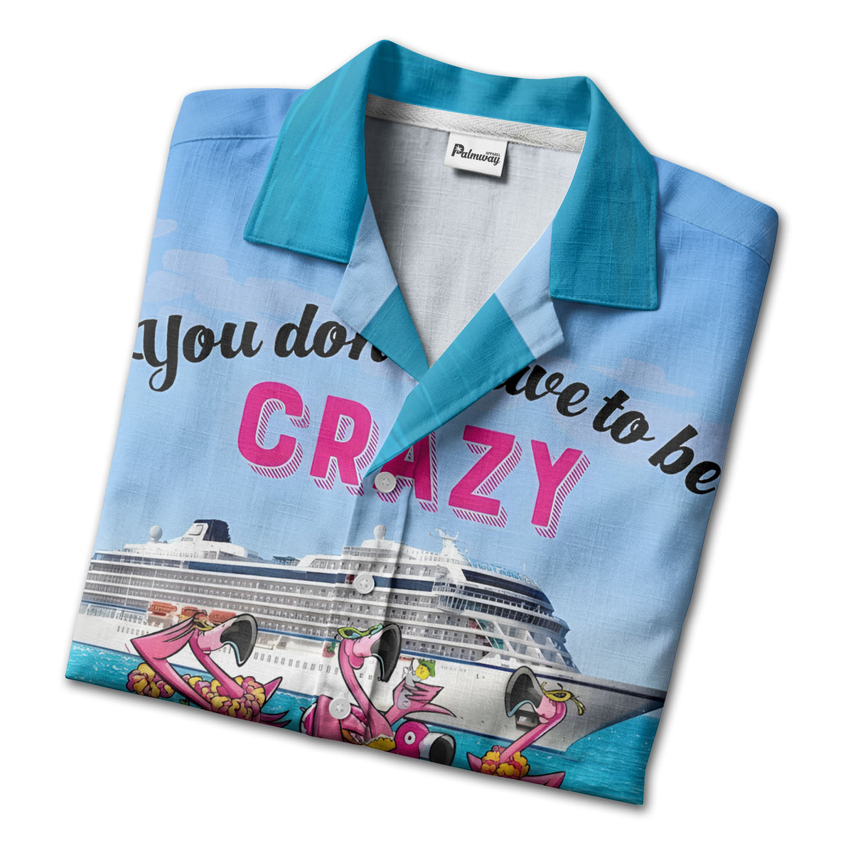 cruise ship & flamingo beach scene cartoon hawaiian shirt