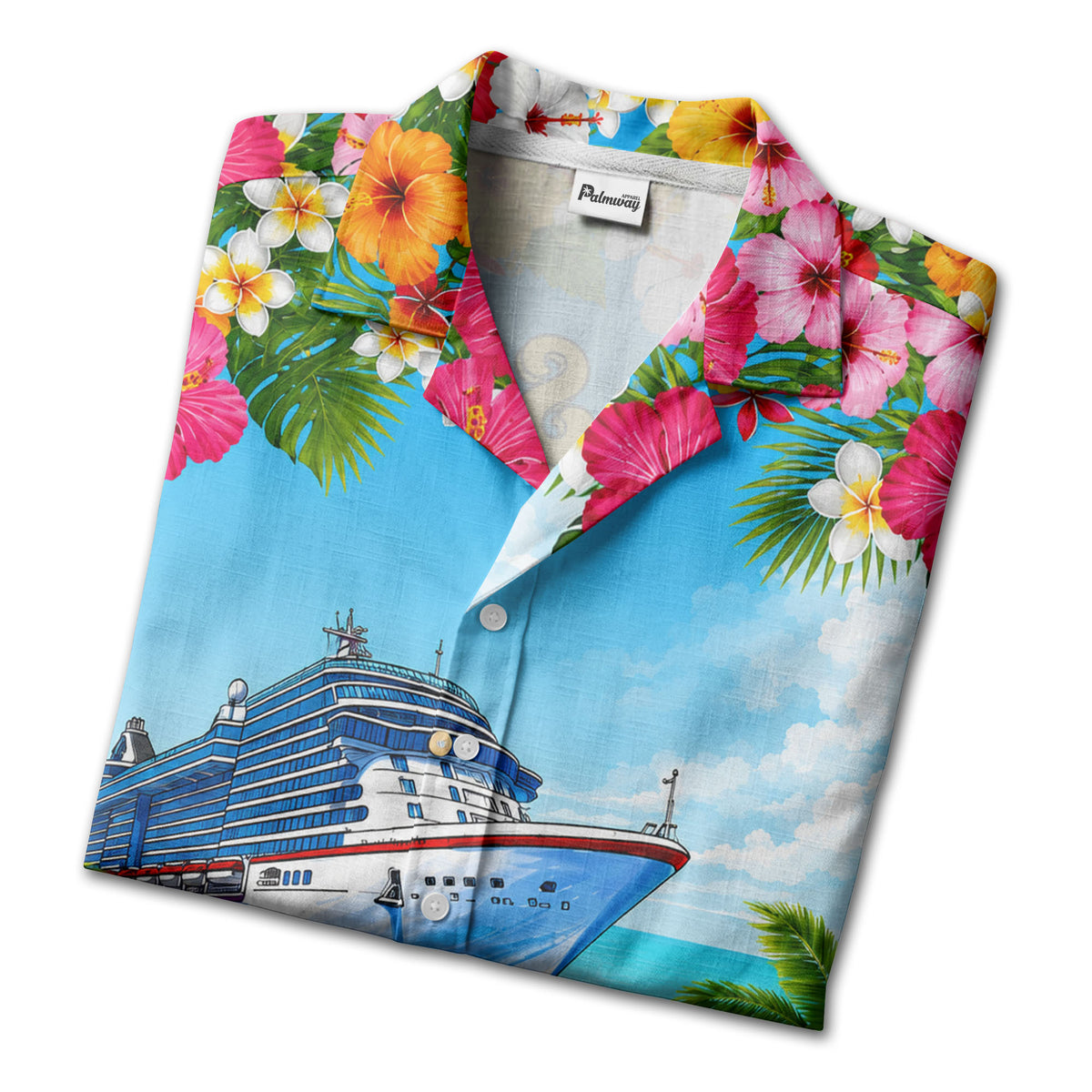 cruise ship hibiscus palm beach scene hawaiian shirt for men