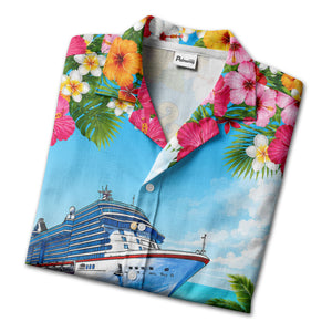 cruise ship hibiscus palm beach scene hawaiian shirt for men