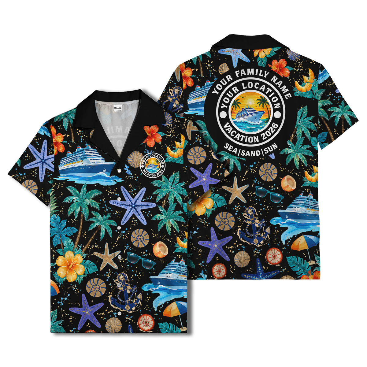 cruise ship palm trees starfish watercolor hawaiian shirt