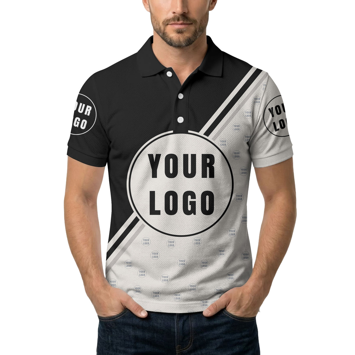 custom logo circles & diagonal stripes all over print polo shirt