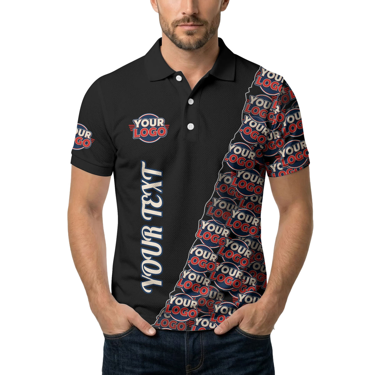 custom logo repeat vertical text pattern personalized polo shirt