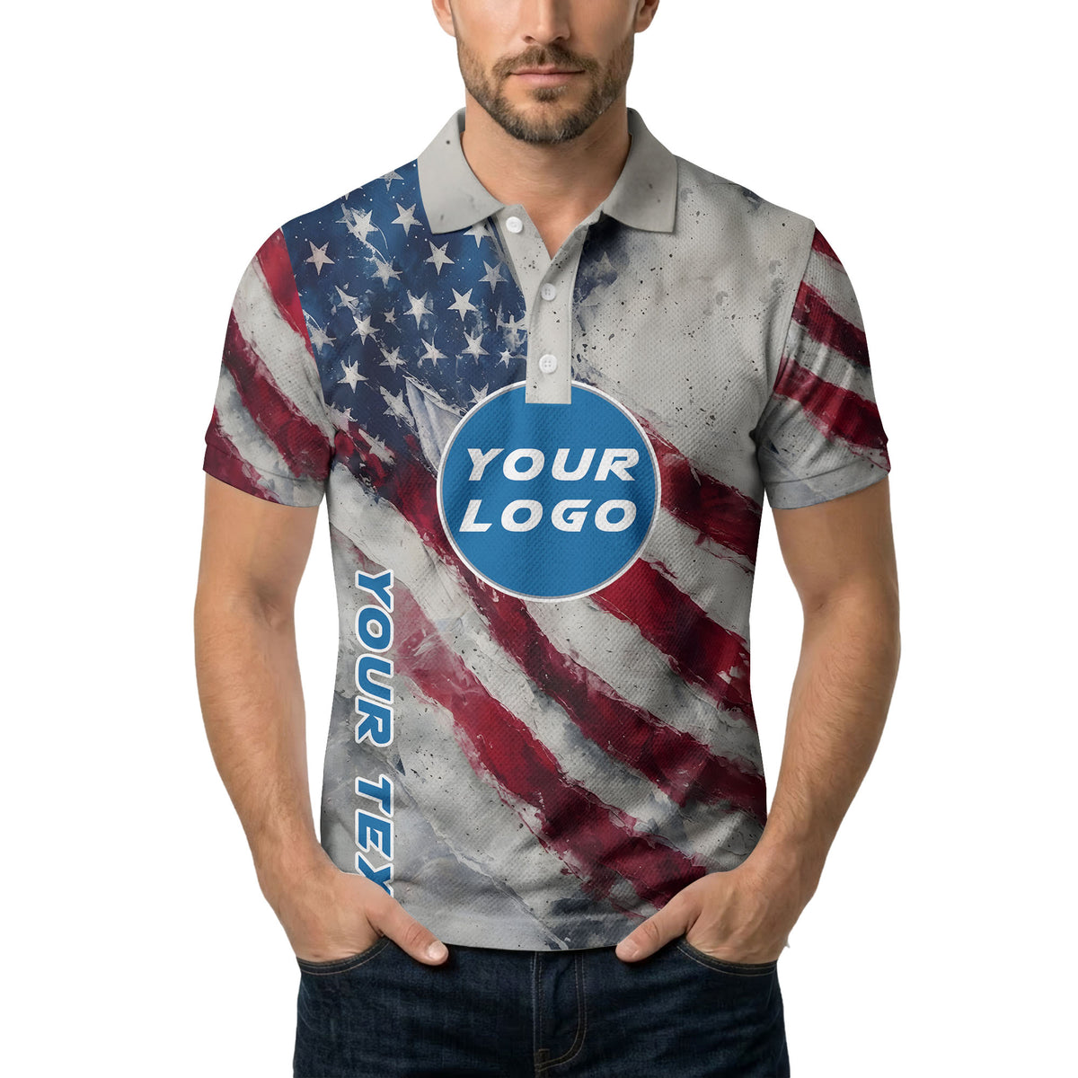 distressed watercolor stars & stripes american flag polo shirt