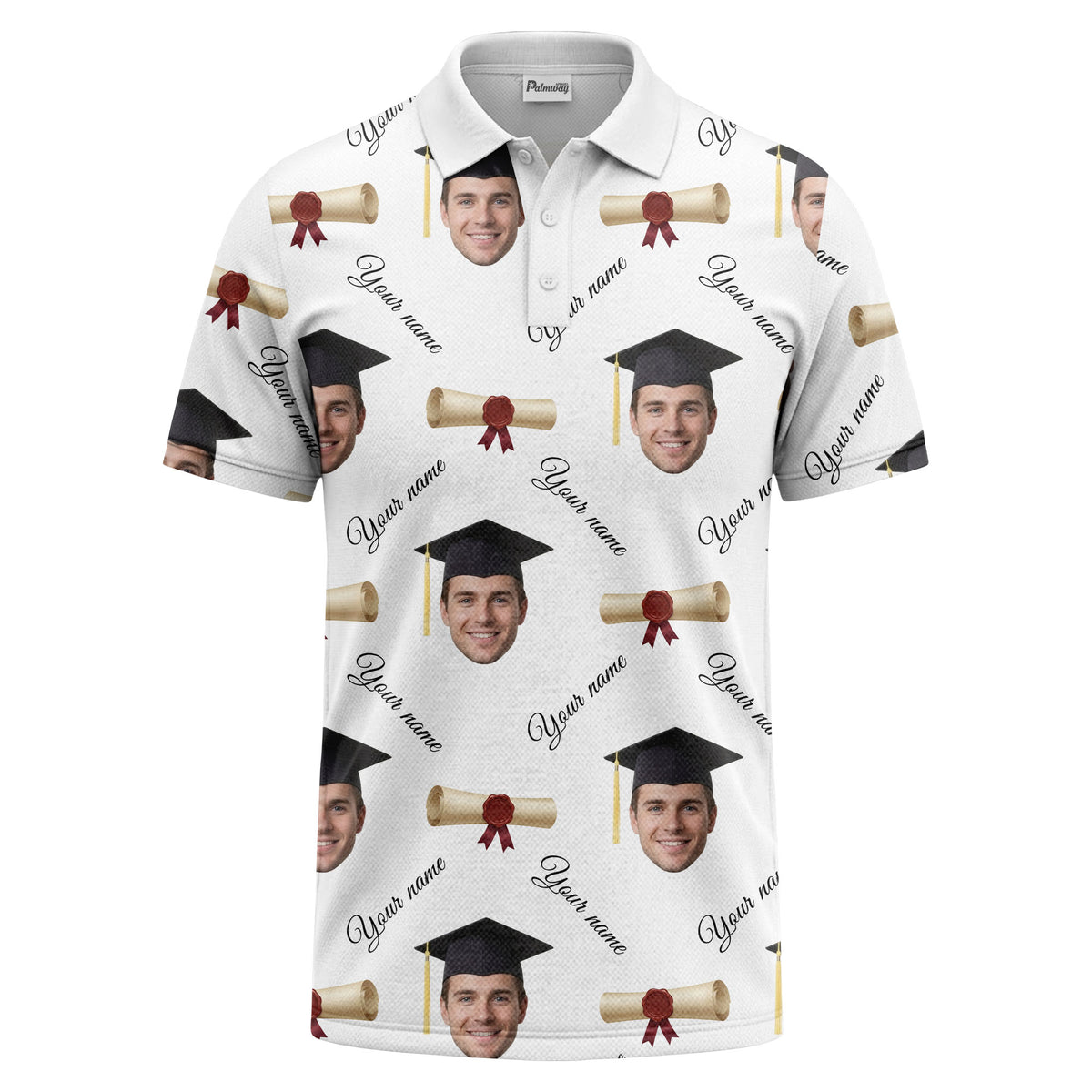 graduation caps & diploma scrolls over personalized faces polo shirt