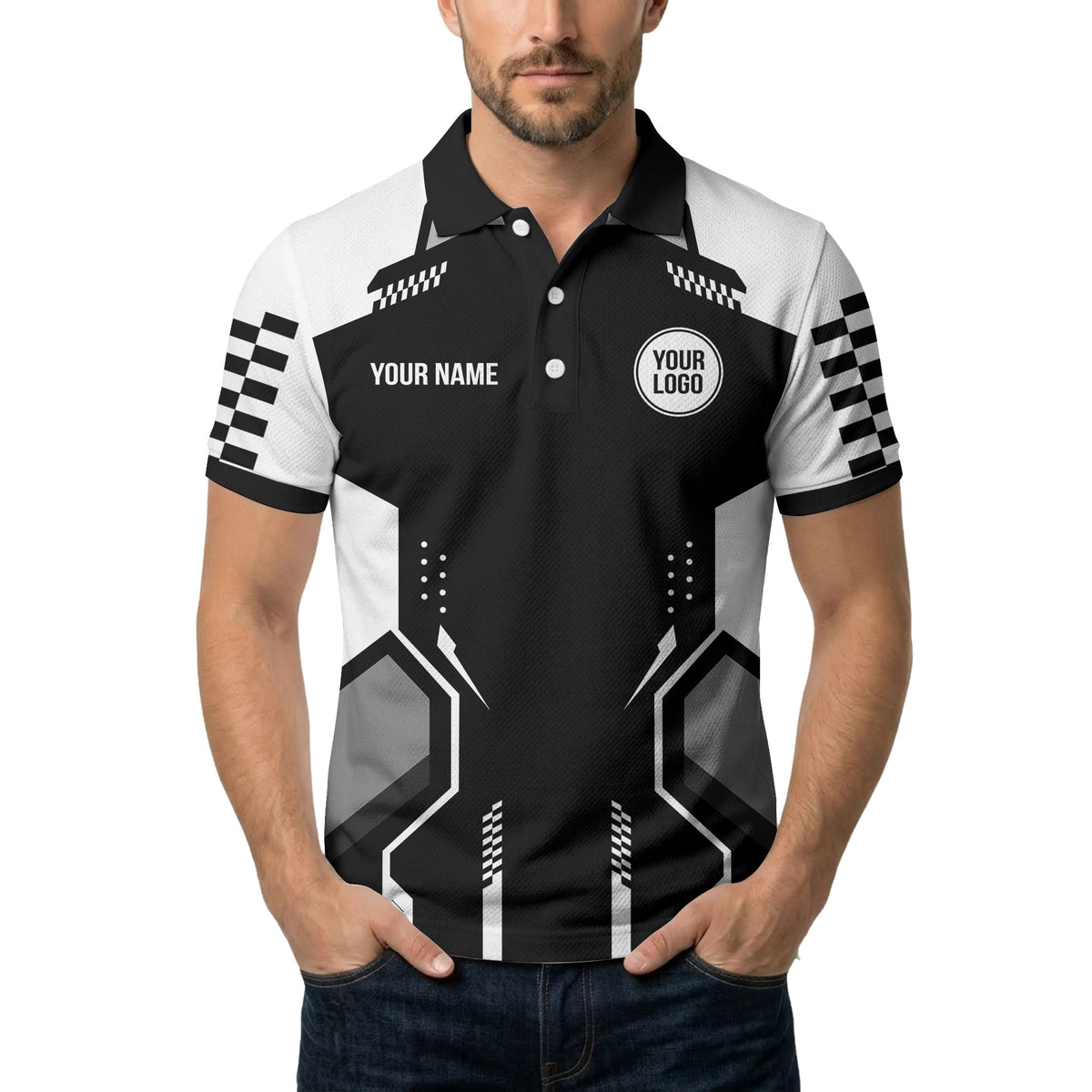 hexagonal checkerboard dots & lines modern geometric polo shirt