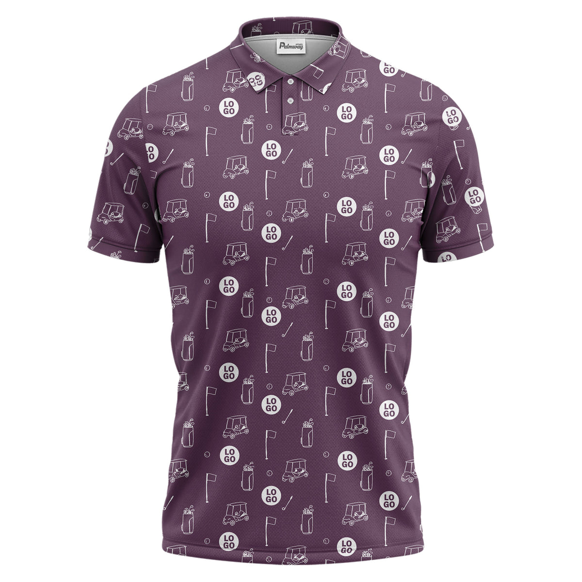 illustrated golf carts & clubs repeating on dark gray hawaiian polo shirt for men