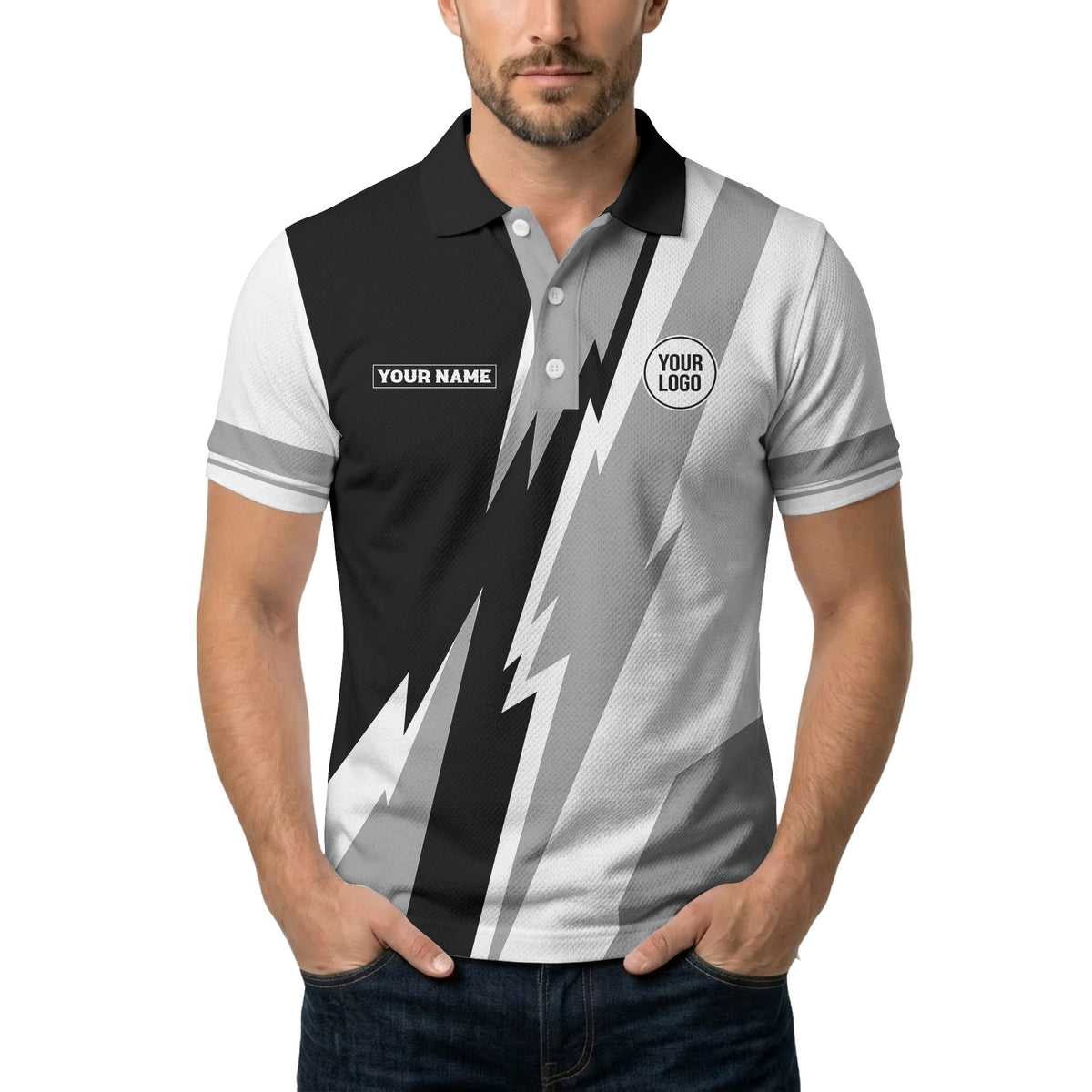 lightning bolt & geometric stripes polo shirt for men
