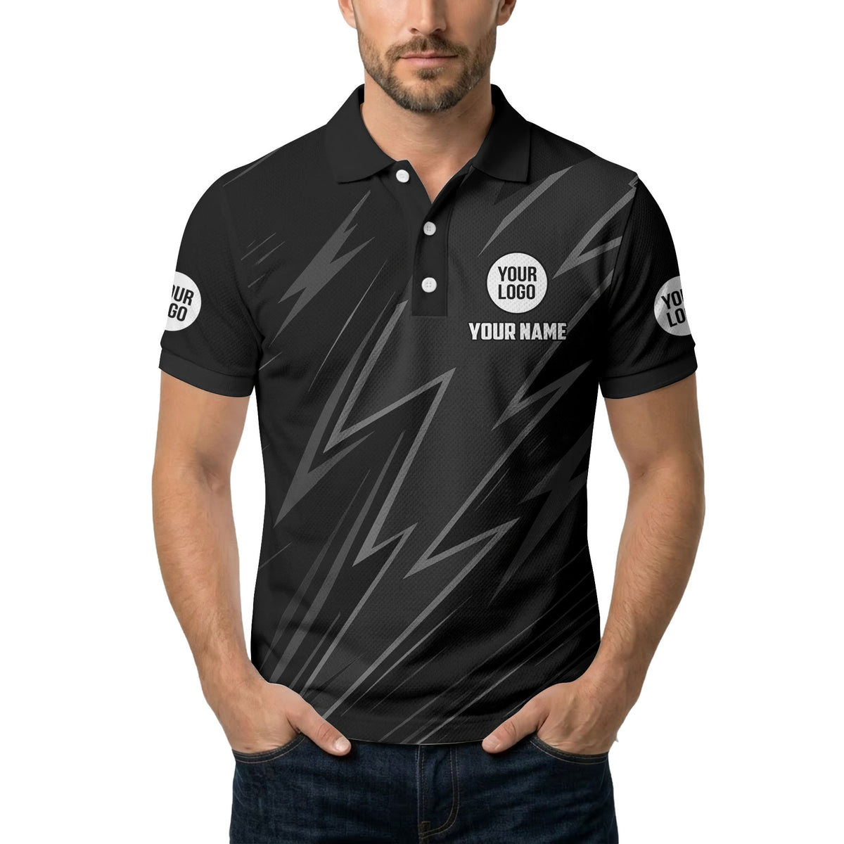 lightning bolt pattern with custom logo and name polo shirt for men