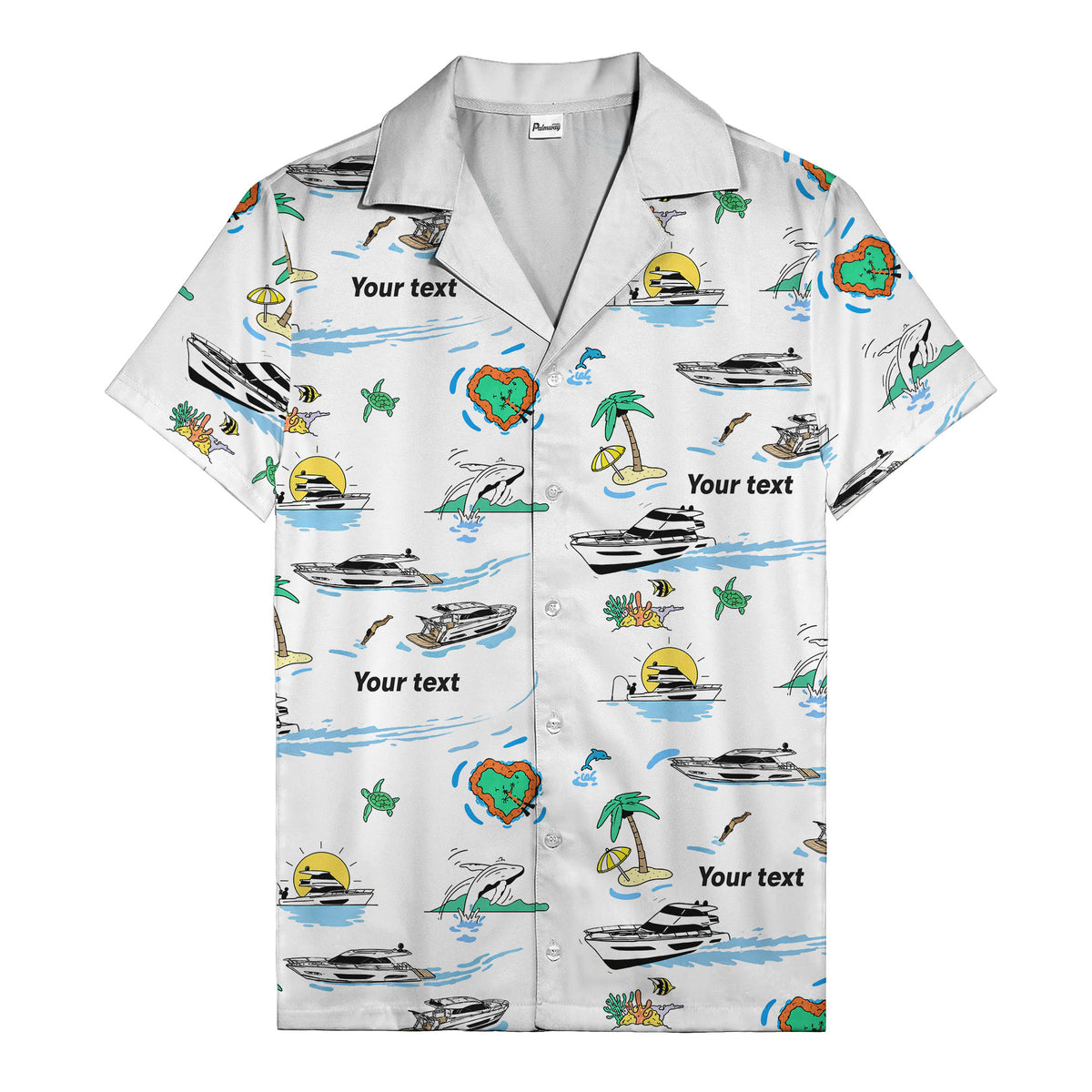 luxury yacht & heart-shaped island cartoon hawaiian shirt