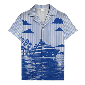 luxury yacht & palm trees tropical beach scene hawaiian shirt