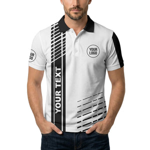 modern vertical stripe & dashed line graphic custom text logo polo shirt