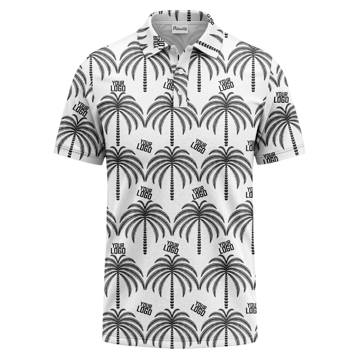 monochrome palm tree logo repeat hawaiian graphic polo shirt