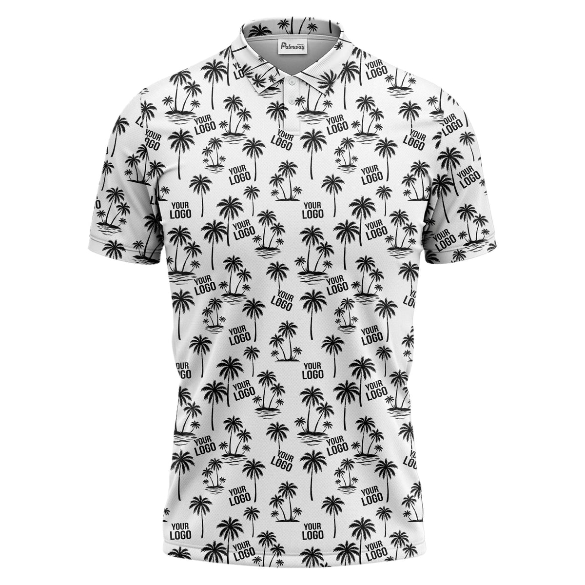 monochrome palm trees & custom logo repeat black white polo shirt