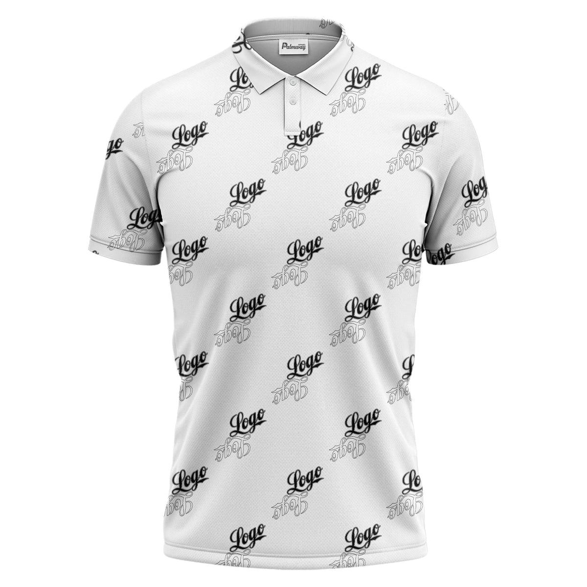 monochrome script logo repeat pattern all over print polo shirt for men