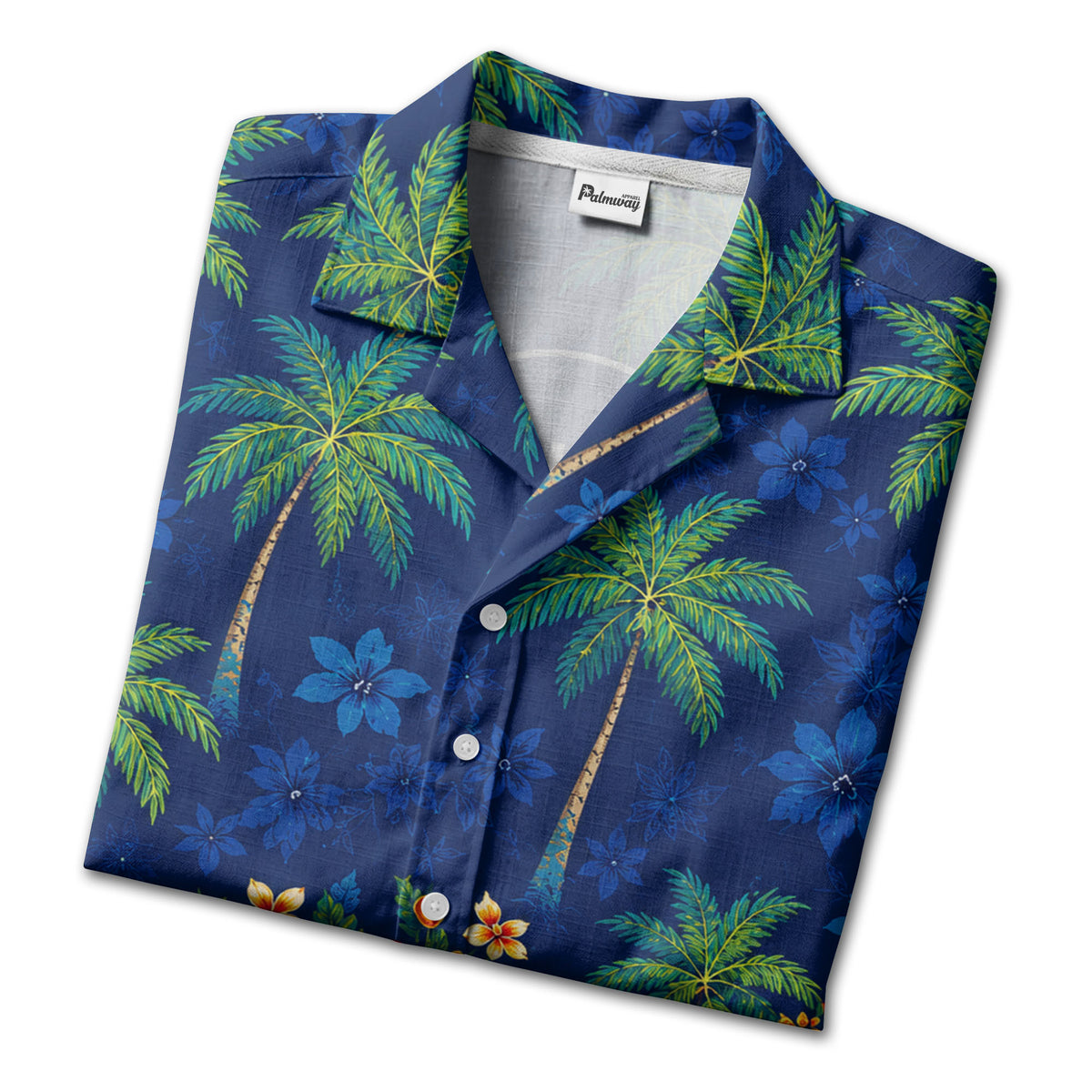 navy blue watercolor palm trees & hibiscus aloha hawaiian shirt