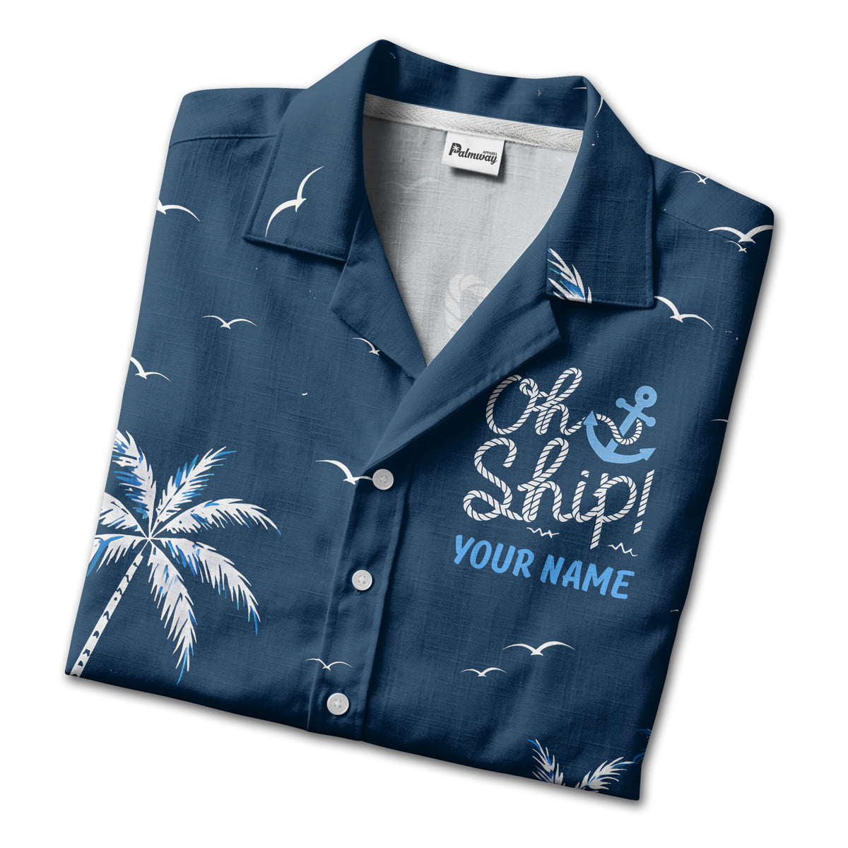oh ship palm trees hibiscus navy blue watercolor hawaiian shirt for men