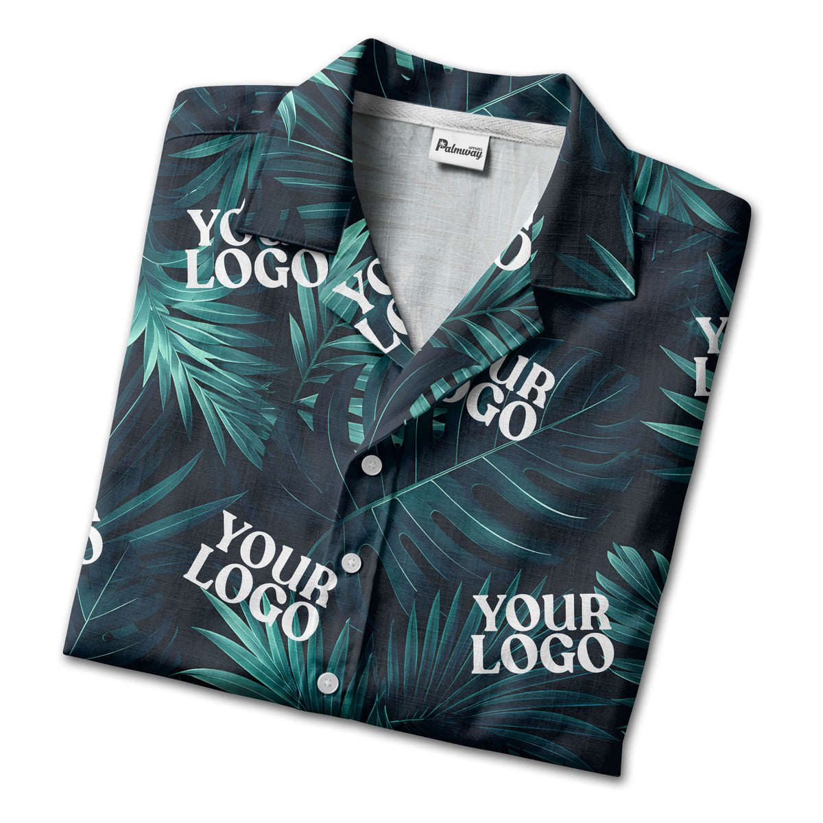 photorealistic palm leaves custom logo navy blue hawaiian shirt