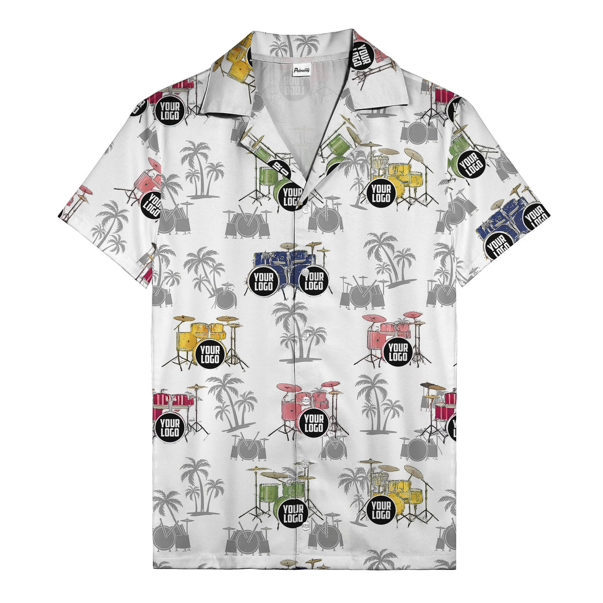 rockin' drum kits & palm trees repeat hawaiian shirt for musicians
